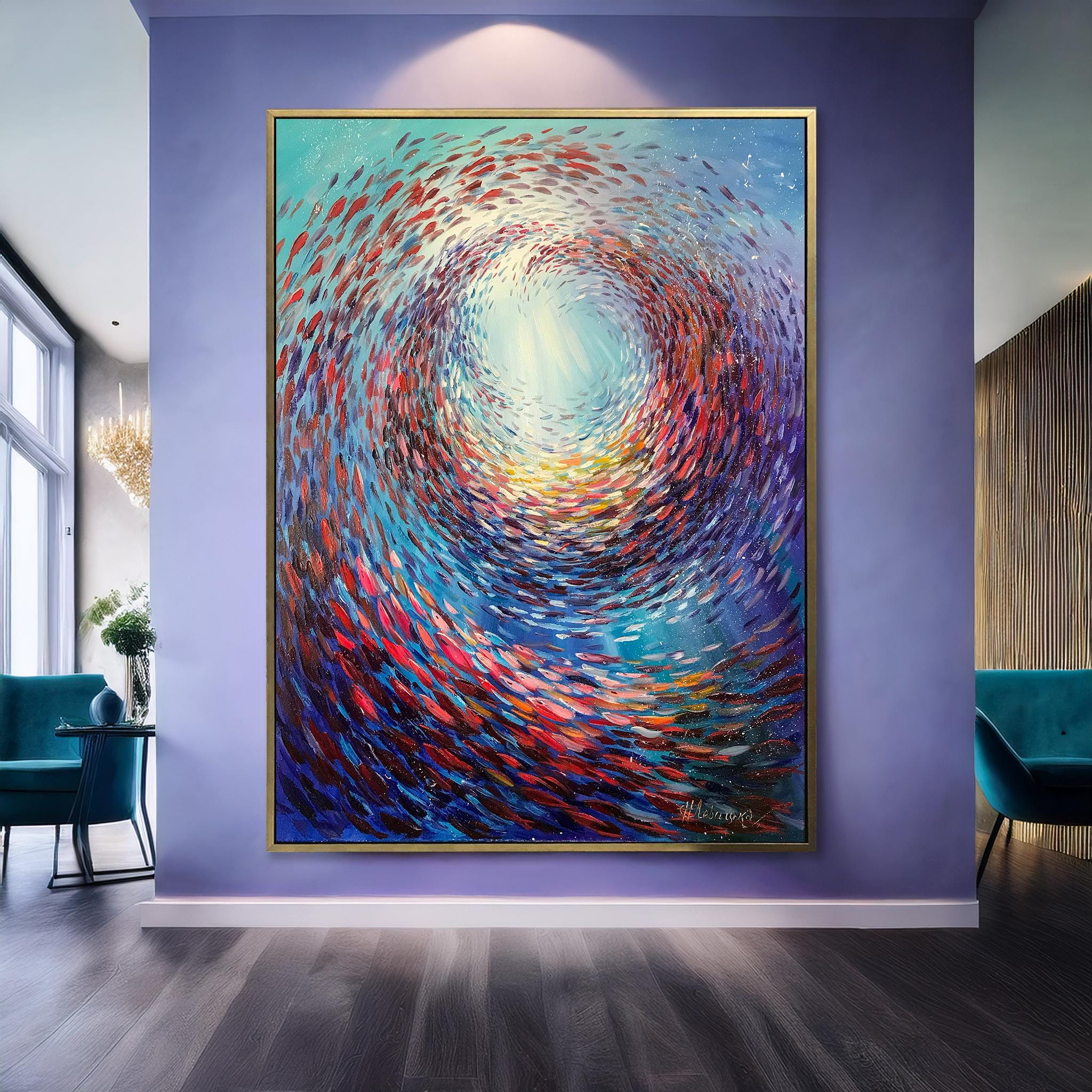 魚の群れを描いた壁掛け抽象画、鮮やかな魚の群れのアート、額装された