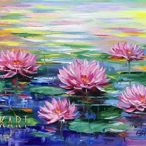 Claude Monet Painting on Canvas Water Lilies Wall Art Pink Lotus Flower Art Water Lily Oil Painting Lotus Wall Art Pond Painting Original