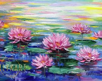 クロード・モネのキャンバスに描かれた睡蓮の壁画ピンクの蓮の花の絵