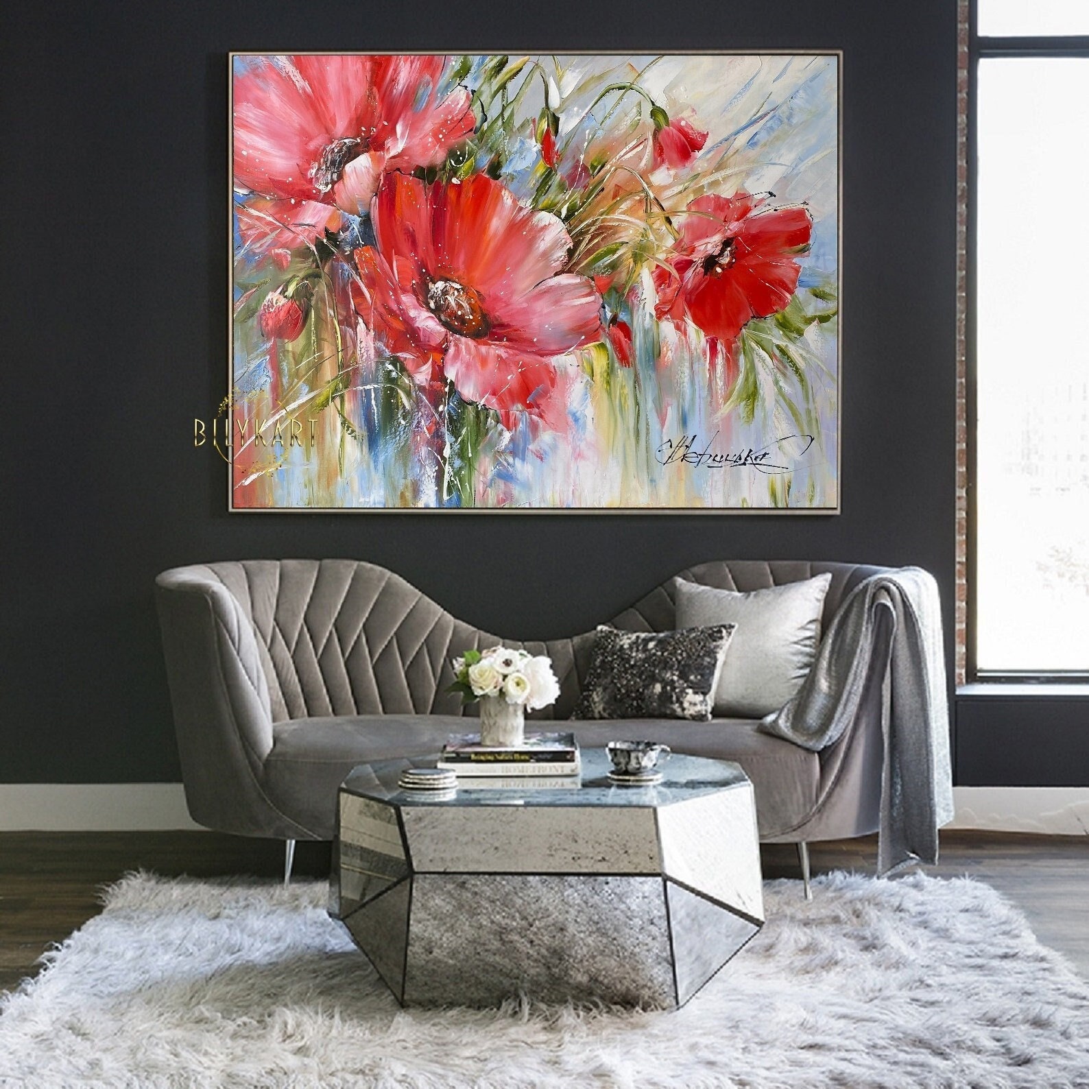 Red Poppies Original Painting, Large Blooming Flowers Wall Art, Poppy ...