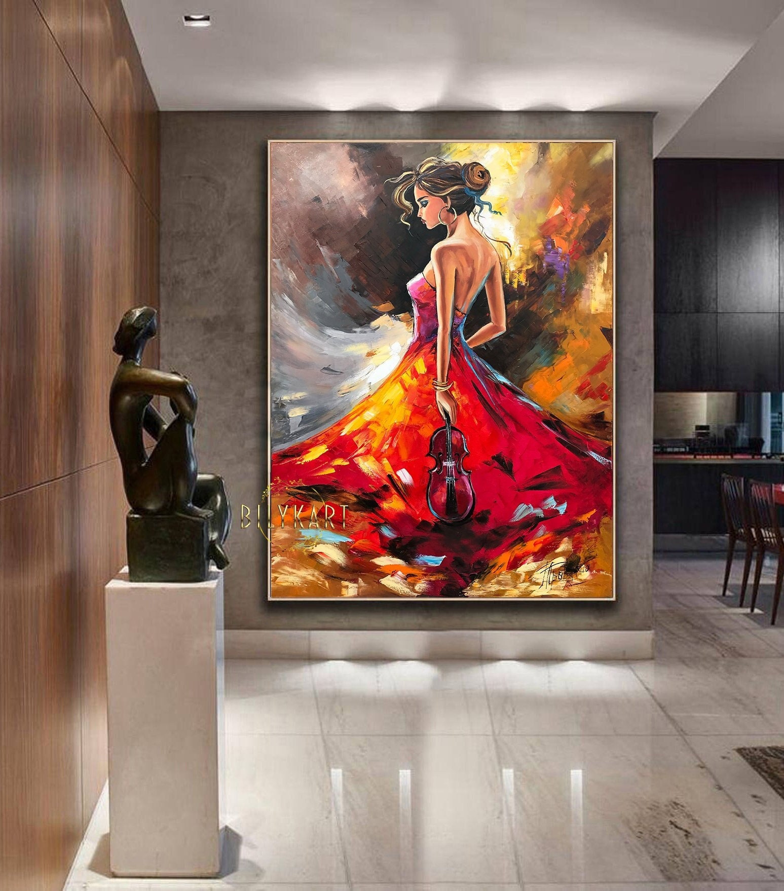 Original girl with violin oil painting Music player wall art Musician gift for him Gifts for music lovers Female figure Violinist painting