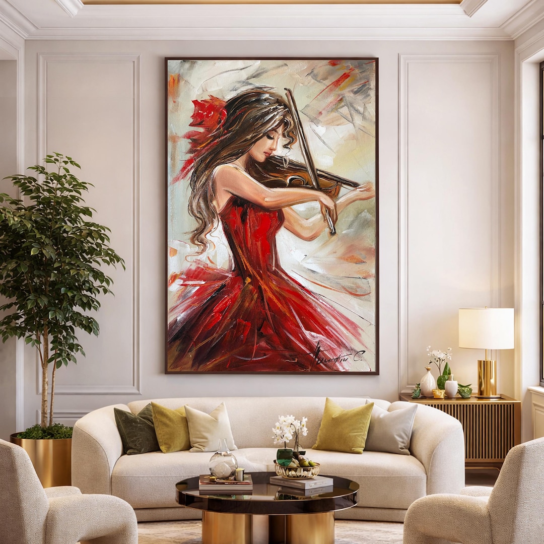 Woman Playing Violin Oil Painting: Lady in Red Dress, Abstract Music ...