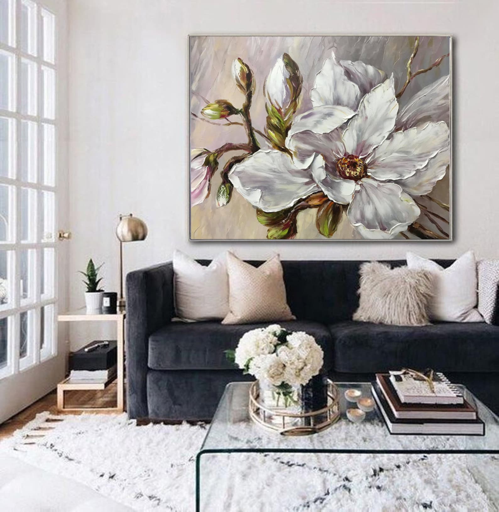 Large Magnolia Painting White Pearl Flower Wall Art Soft | Etsy