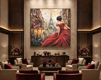パリの女性 キャンバスに描かれた絵画 エッフェル塔 額入りアート作品