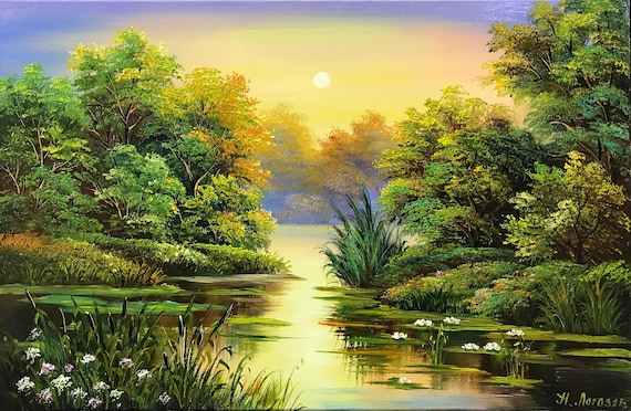 田園風景画オリジナル：キリスト教自然壁画、湖畔の日の出アート