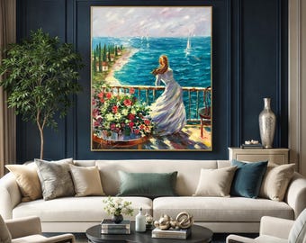 海辺の女性 油絵 ビーチで夢見る少女 アート風景 アートキャンバス