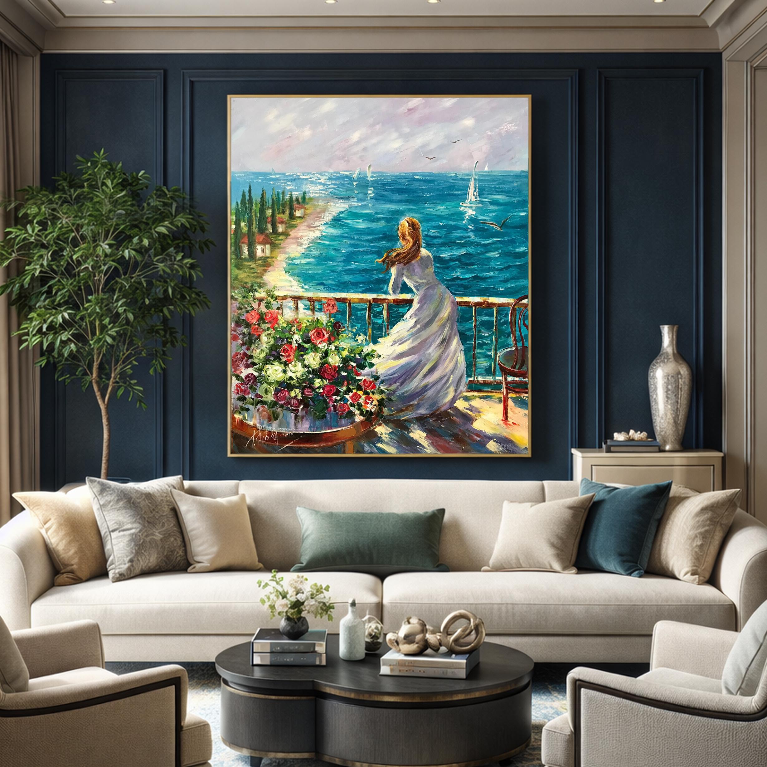 海辺の女性 油絵 ビーチで夢見る少女 アート風景 アートキャンバス
