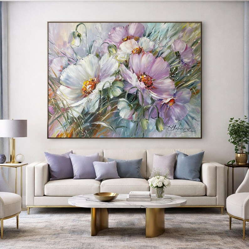 Large Flowers Oil Painting Original Daisy Wall Art Saga Green Purple Dining Room Decor Above Bed Art 40x30 Realistic Flower Daisy Painting image 2