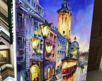 夜の街の油絵 オリジナルの街の風景画 都市景観アート 街の明かりの壁