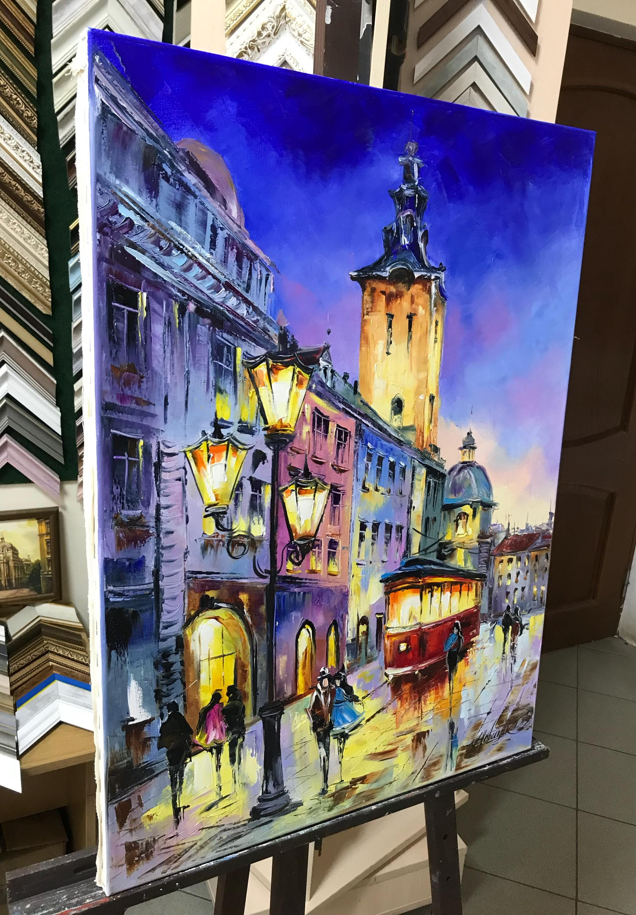 夜の街の油絵 オリジナルの街の風景画 都市景観アート 街の明かりの壁