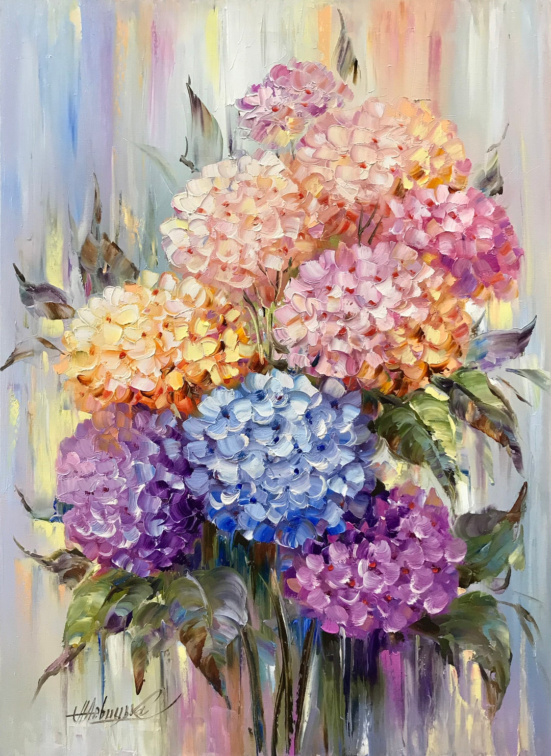 油絵 絵画 【Hydrangea】 Original Hydrangea Oil Painting on Canvas: Colorful Floral Wall