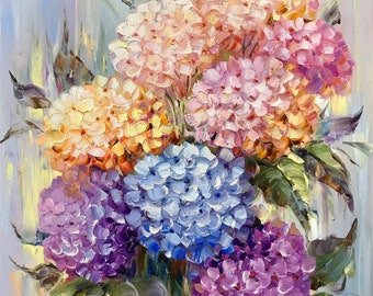 Original Hydrangea Oil Painting on Canvas: Colorful Floral Wall Art