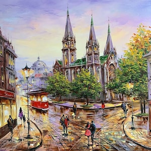 Large City Scene Oil Painting Original European City Wall Art Colourful Town Painting on Canvas European Street Scene Paintings Europe Art