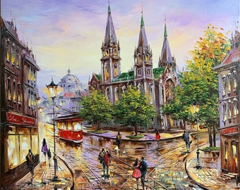 大きな都市風景の油絵、オリジナルのヨーロッパの都市の壁画