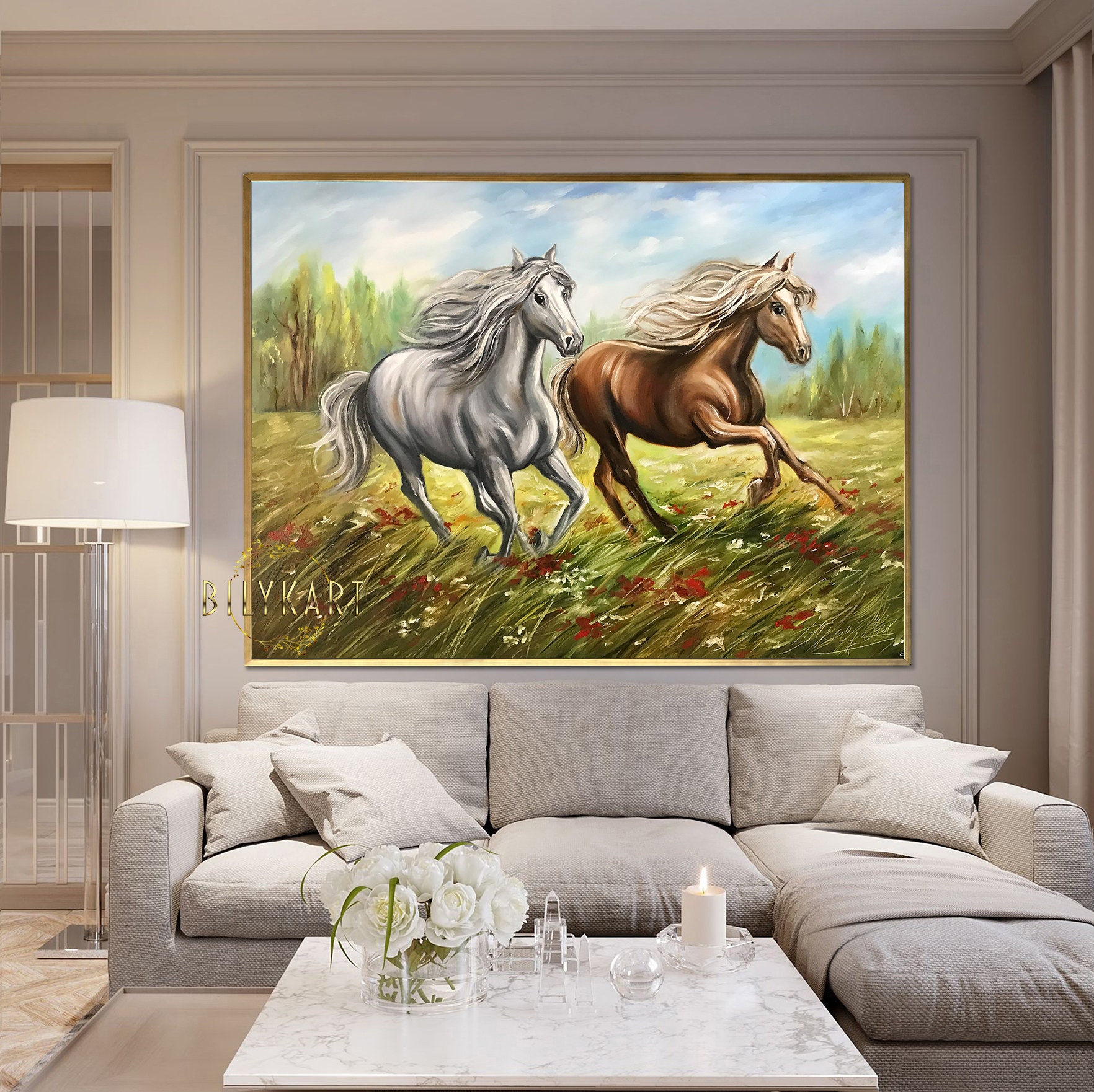 走る馬の絵画 オリジナルの野生の馬の壁アート キャンバス 動物の油絵