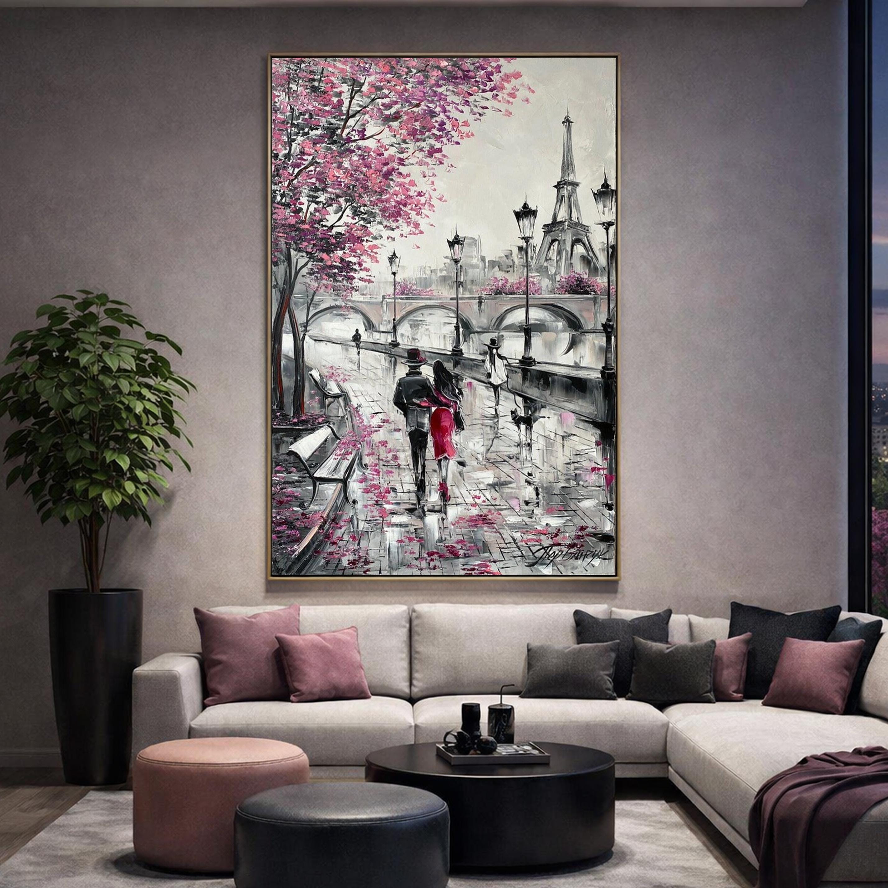 Eiffel Tower Oil Painting: Couple in Paris, Romantic Blossom Tree