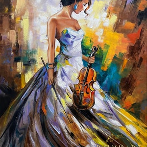 Lady With Violin Oil Painting Original Women 36x48 Canvas Wall Art Girl ...