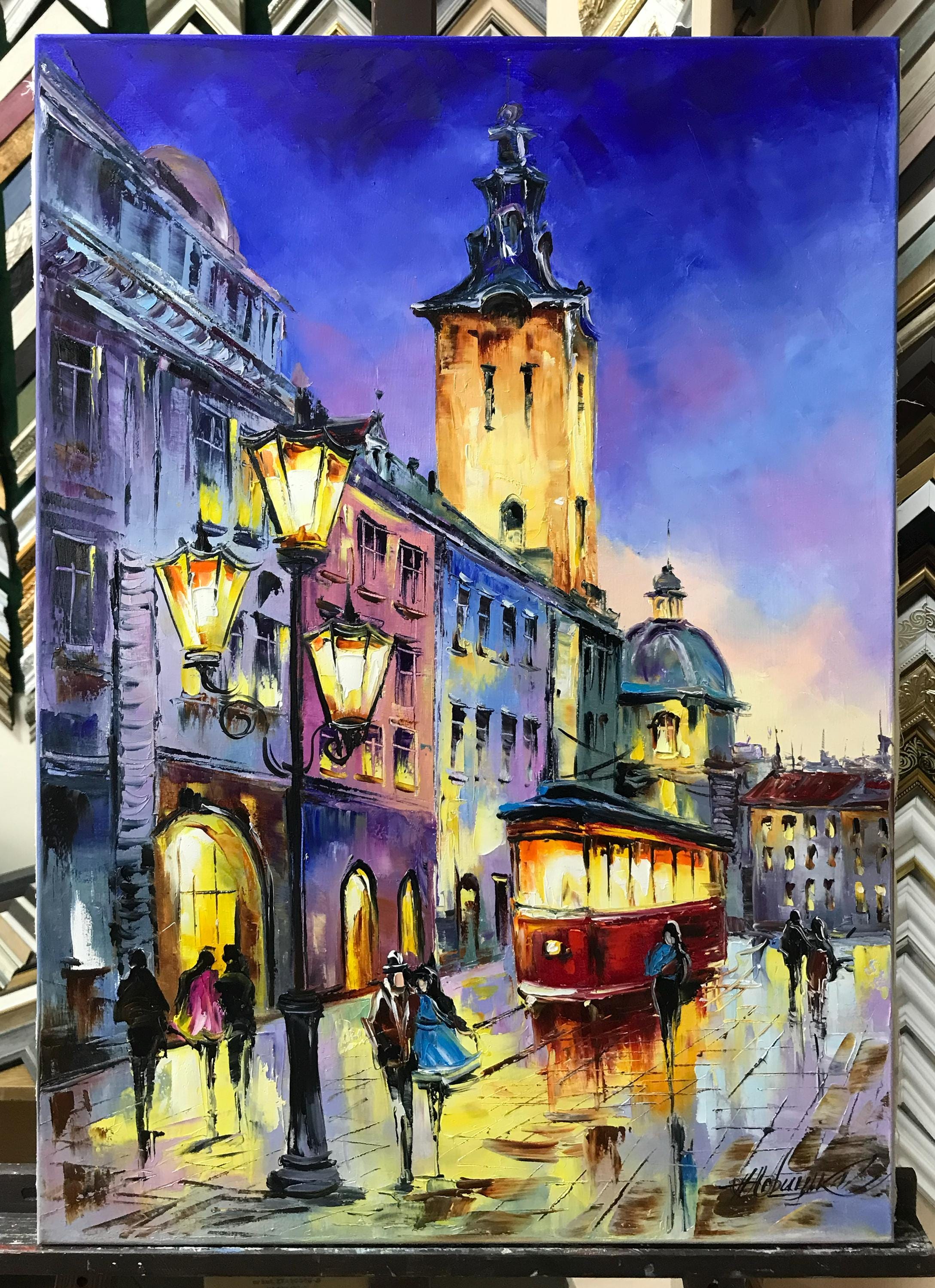 夜の街の油絵 オリジナルの街の風景画 都市景観アート 街の