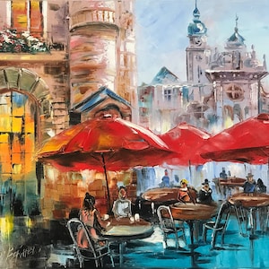 Paris Cafe Ölgemälde Original Französisch Cafe Malerei auf Leinwand Bistro Wandkunst Paris Cafe Kunst Pariser Straßenszene Malerei Frankreich Geschenke