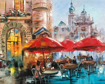 Paris Cafe Oil Painting Original French Cafe Painting on Canvas Bistro Wall Art Paris Cafe Art Parisian Street Scene Painting France Gifts