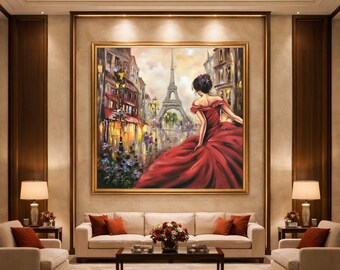 パリの女性 キャンバスに描かれた絵画 エッフェル塔 額入りアート作品
