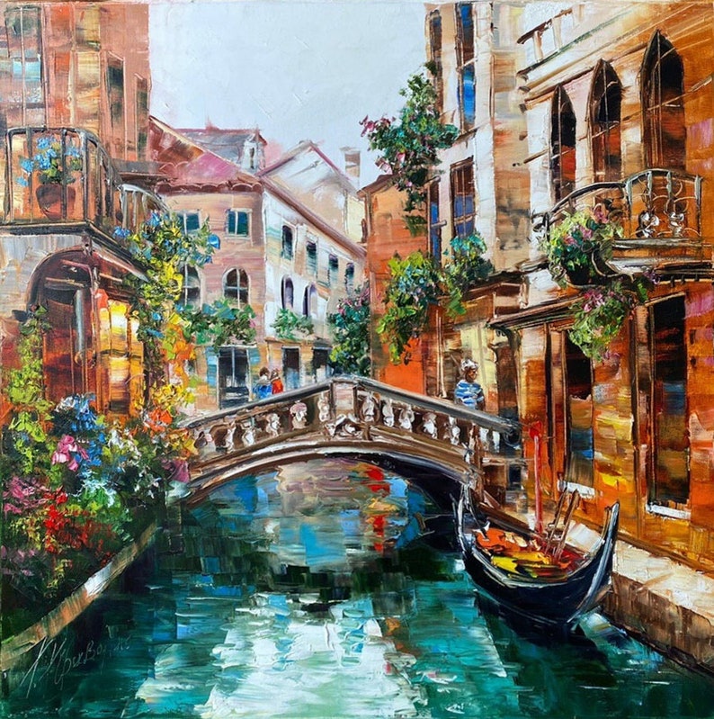 Venice Oil Painting Original Italy Painting Venetian Art Italian Landscape Painting 36x36 Venice Italy Artwork Canvas Venice Canal Painting image 1