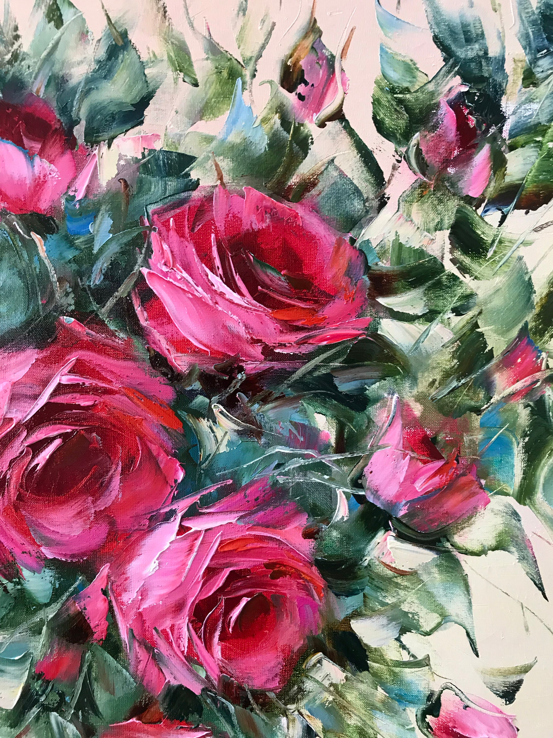 絵画　油彩画　油絵の具　キャンバス 画材　薔薇　ローソク　原画 キャンバスに描かれた抽象的なバラの絵画、ピンクのバラの壁アート