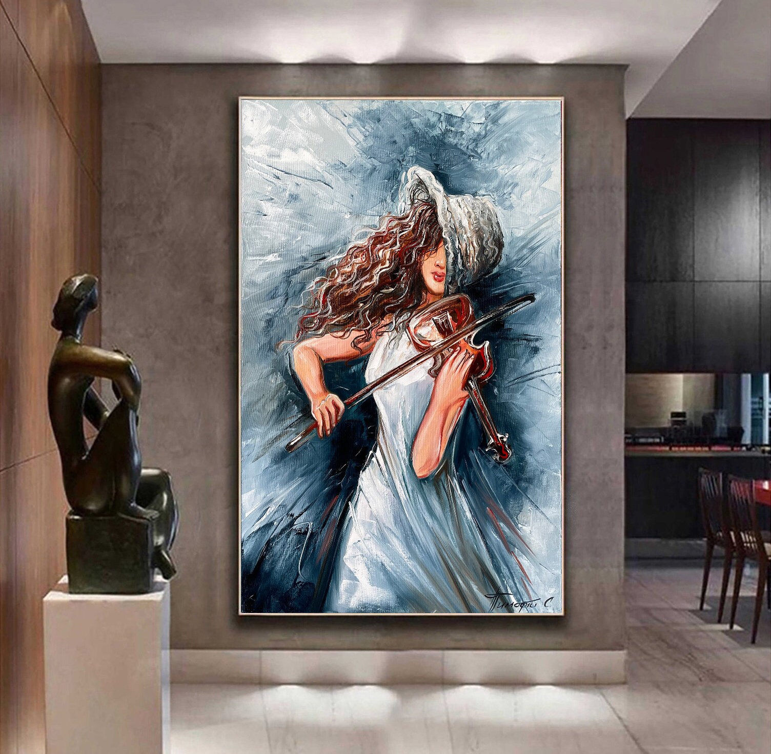 Girl Playing Violin Oil Painting Original Woman in Hat Canvas | Etsy