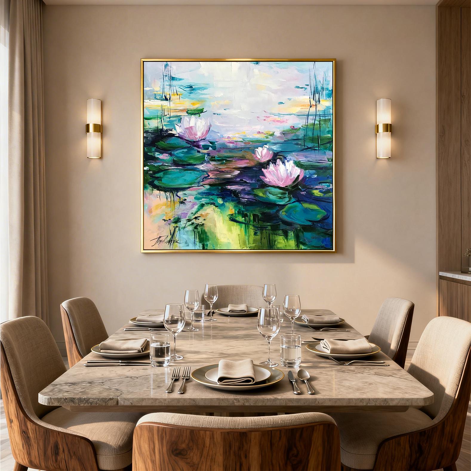 モネの絵画「睡蓮」蓮の花の壁アート、ユリの絵画、24x24インチ