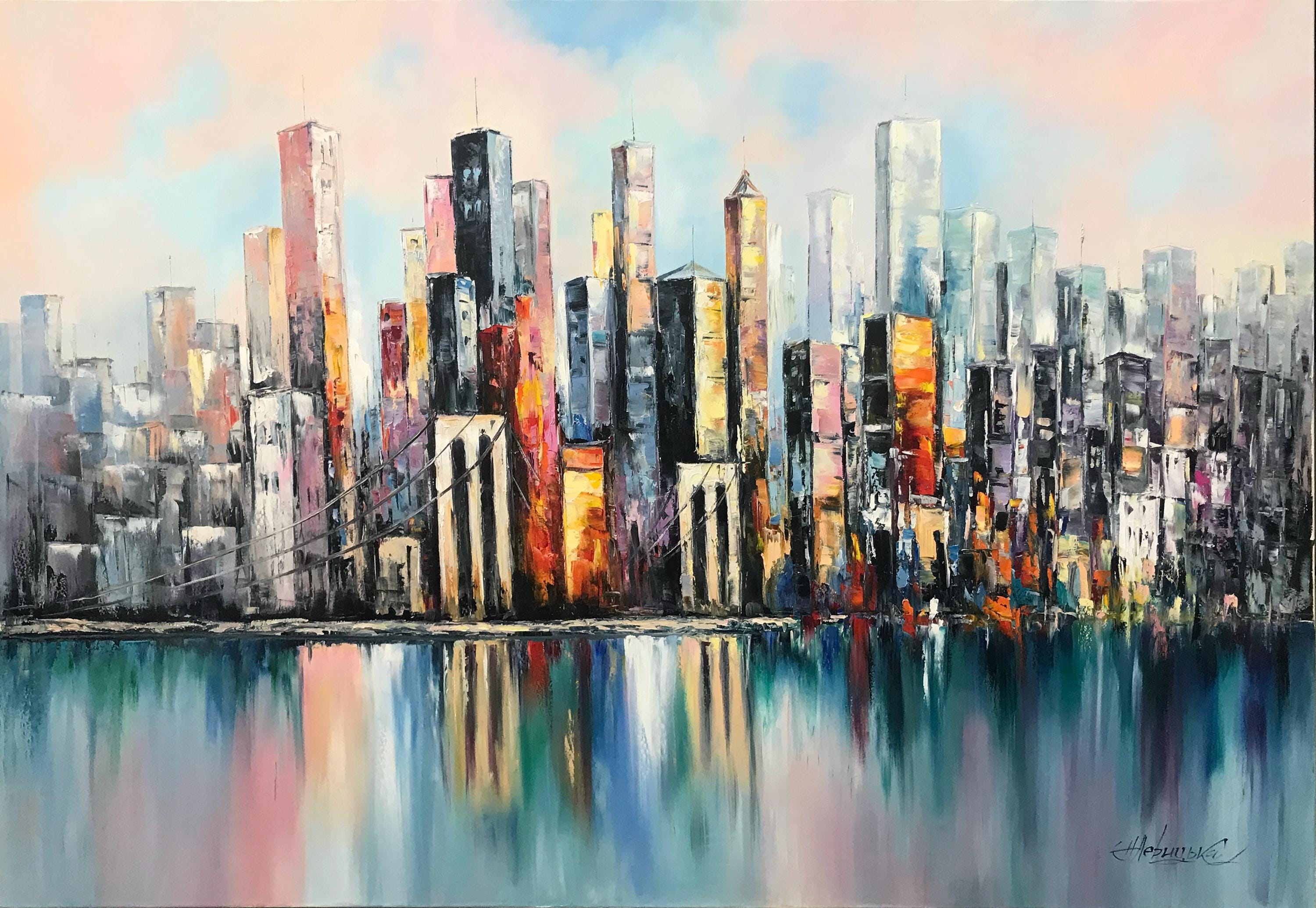 ニューヨーク市の大型抽象画、都市景観画、特大ニューヨークモダン