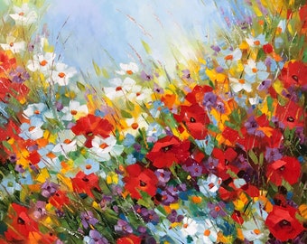 Red Poppy Field Oil Painting, Original Wildflower Meadow Art