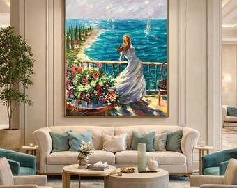 海辺の女性 油絵 ビーチで夢見る少女 アート風景 アートキャンバス