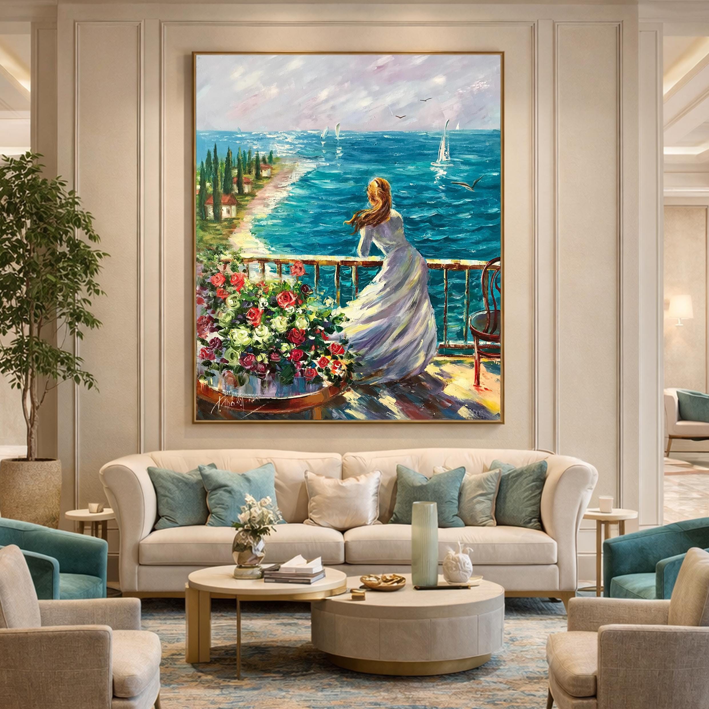 海辺の女性 油絵 ビーチで夢見る少女 アート風景 アートキャンバス
