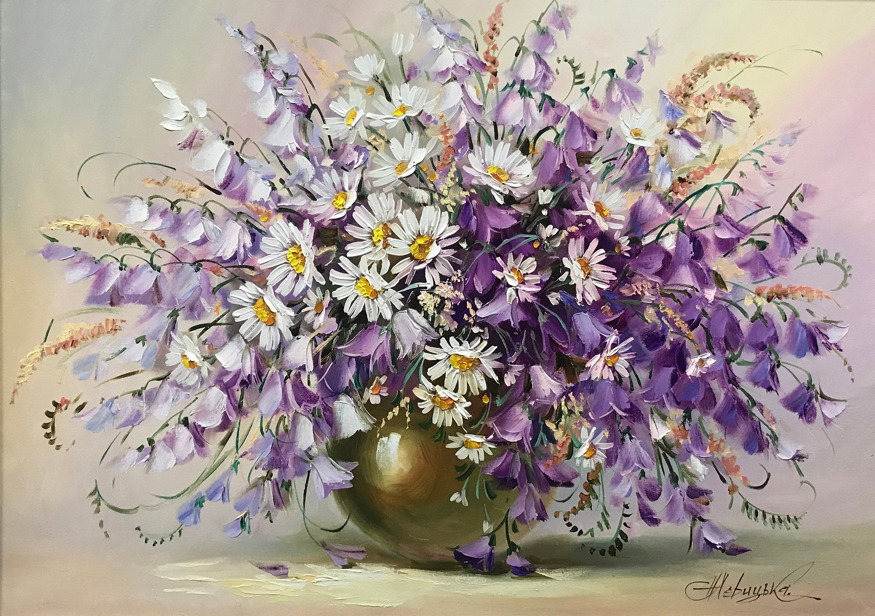 Purple Flowers Oil Painting Canvas Wildflowers Wall Art Etsy