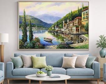 コモ湖の油絵 オリジナルイタリア風景画 キャンバス イタリアアート