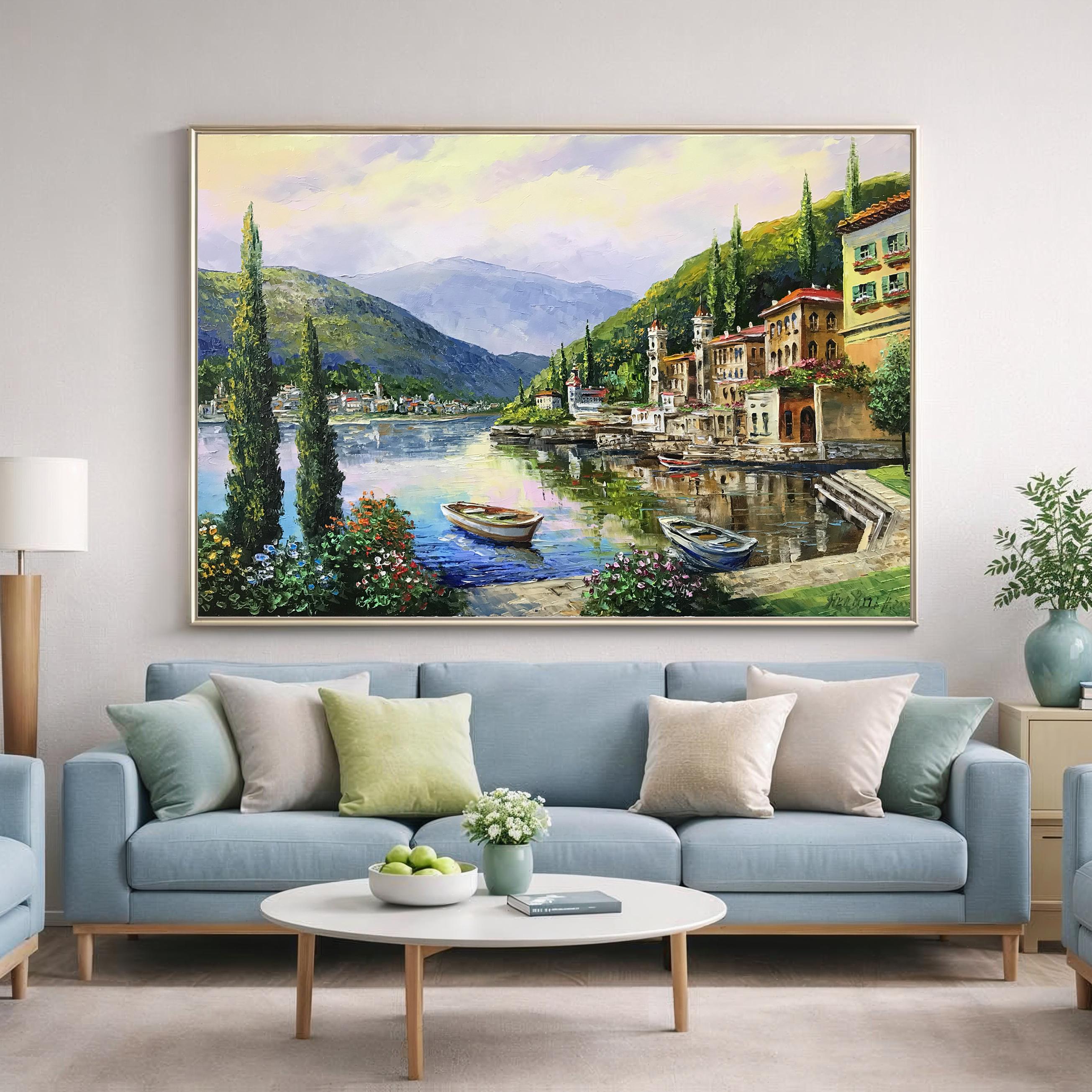 コモ湖の油絵 オリジナルイタリア風景画 キャンバス イタリアアート
