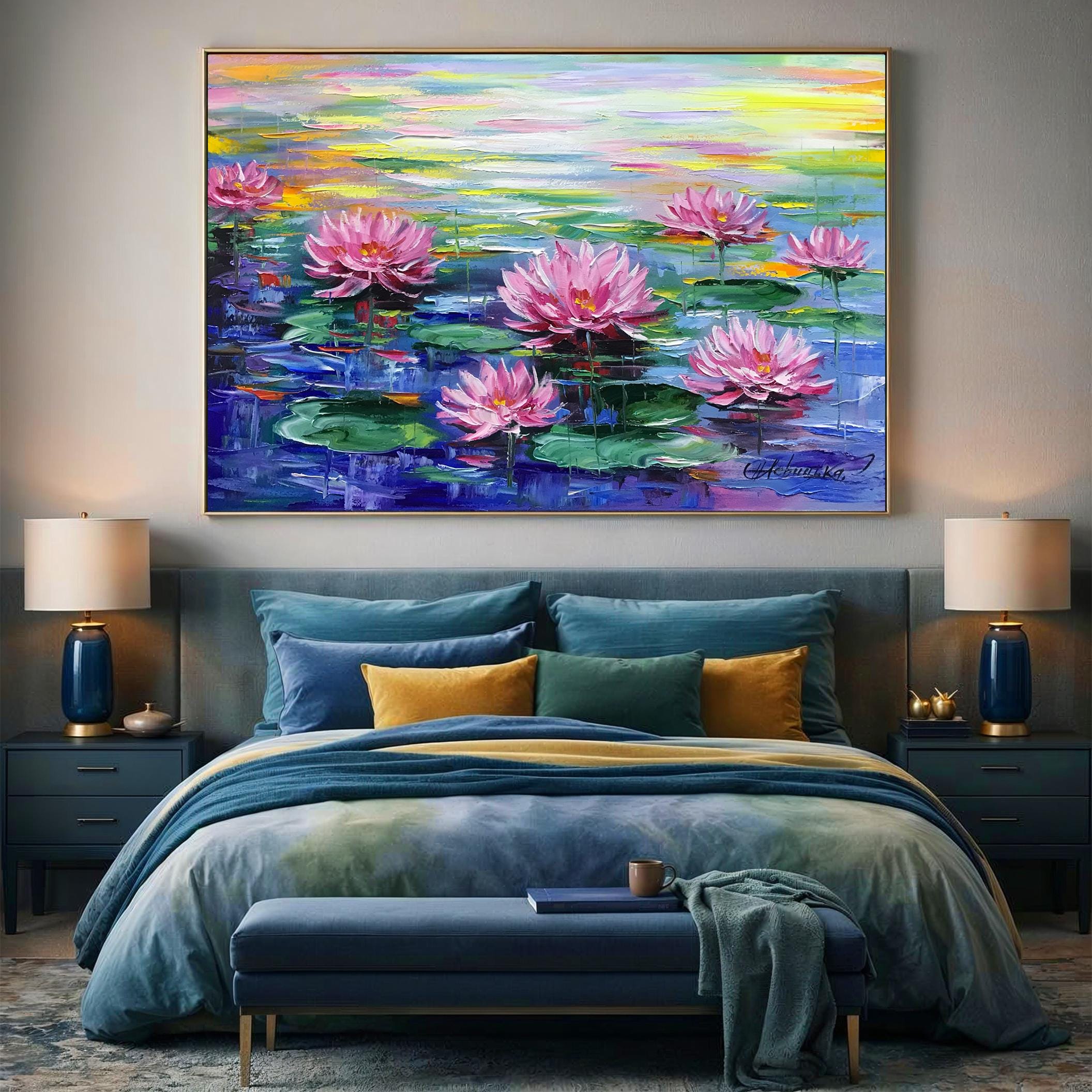 キャンバスに描かれた睡蓮の絵画 クロード・モネ 睡蓮の壁アート 蓮の