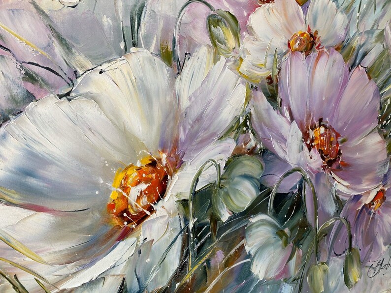 Large Flowers Oil Painting Original Daisy Wall Art Saga Green Purple Dining Room Decor Above Bed Art 40x30 Realistic Flower Daisy Painting image 4