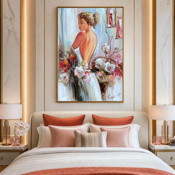 Elegant Woman with Flowers Oil Painting, Sensual Wall Art on Canvas