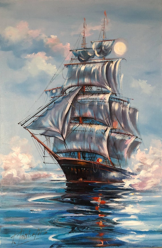 Old Sailing Ship Oil Painting: Gallery Wrapped Canvas Sea Scape Wall Art