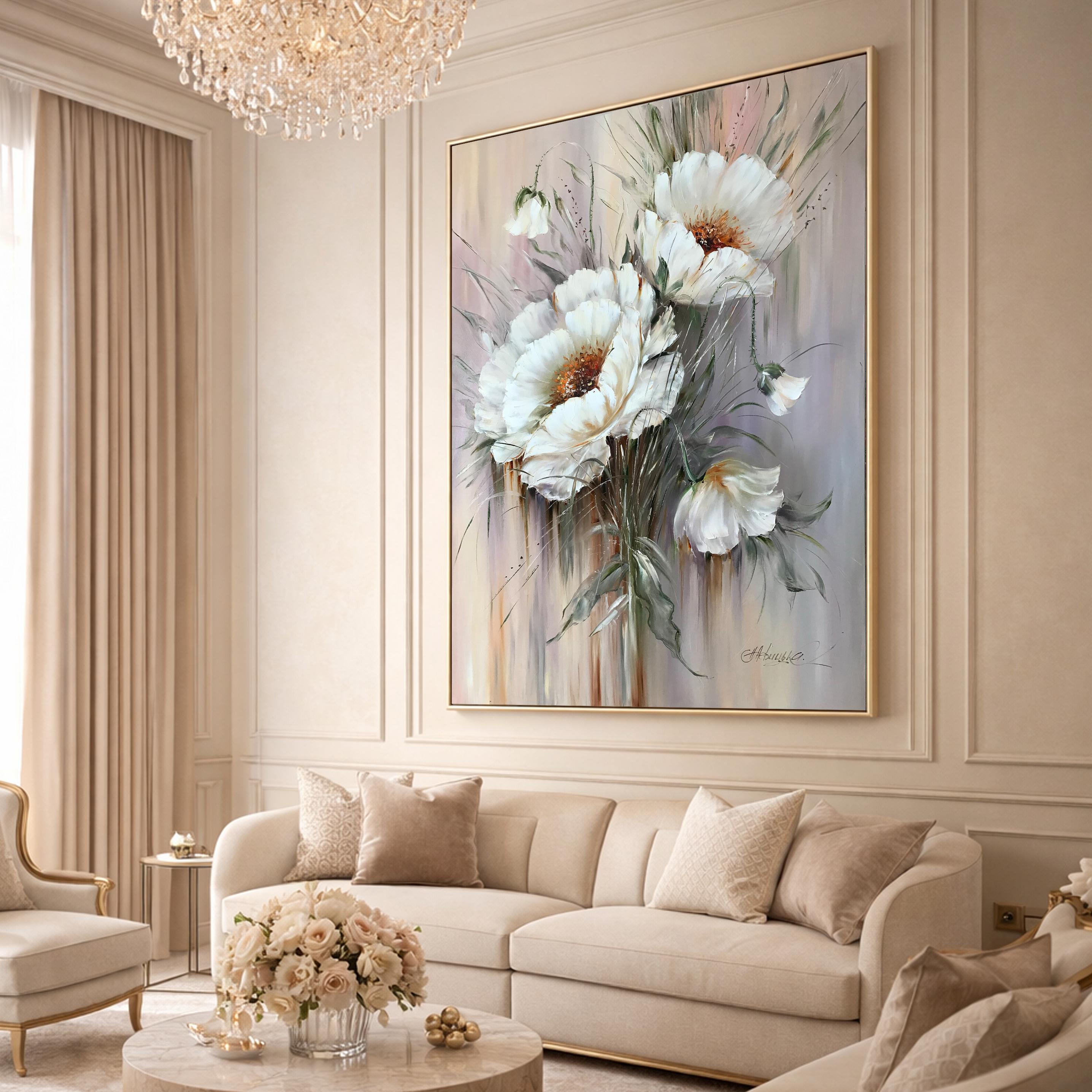 Japanese White Anemone Oil Painting Original, Neutral Tone