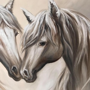 May include: An oil painting depicts two horses in a tender embrace. The horses' heads are close, with soft, flowing manes in shades of white and gray. The background is a warm, neutral tone, enhancing the focus on the equine subjects.
