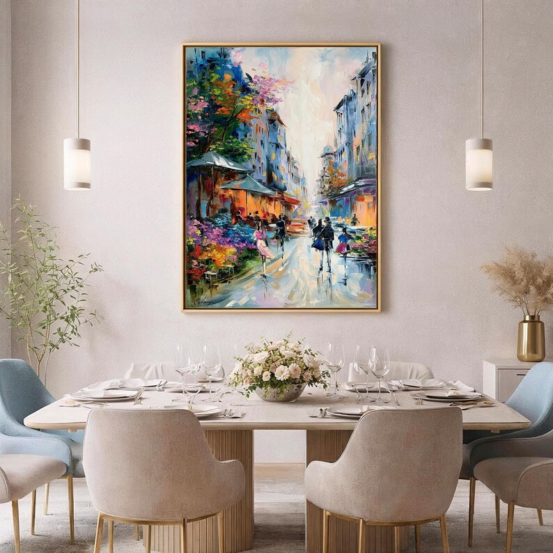 Large Paris Oil Painting Original Paris Street Scene Painting Romantic Paris Cafe Art Paris Flower Market Artwork Romantic Couple Wall Art image 4