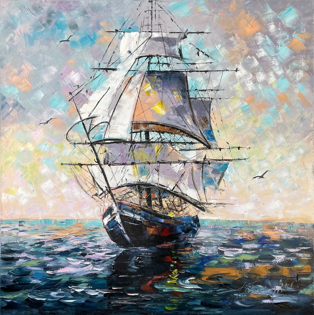抽象的な船の油絵 オリジナル 大きな帆船 壁アート 帆船 抽象画