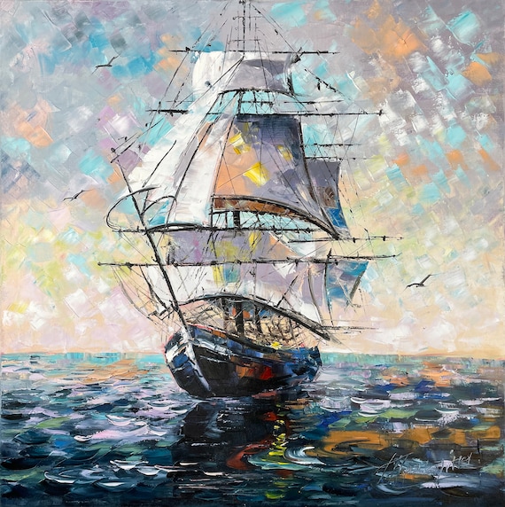 抽象的な船の油絵 オリジナル 大きな帆船 壁アート 帆船 抽象画