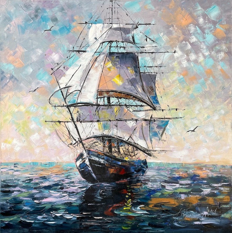 Abstract Ship Oil Painting Original Large Sailing Wall Art Etsy