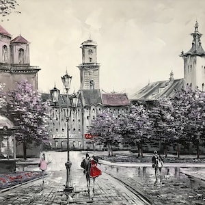 Lviv Ukraine Oil Painting Original Black & White Cityscape Paintings Ukrainian Wall Art Ukraine Art Painting City Street Painting on Canvas