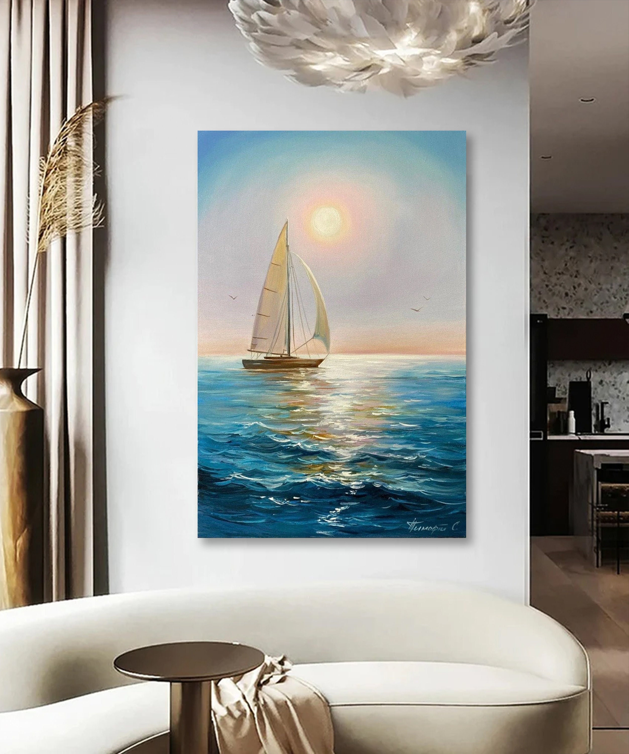 帆船の海の油絵、青い海の波、オリジナルのボートの壁アート、海