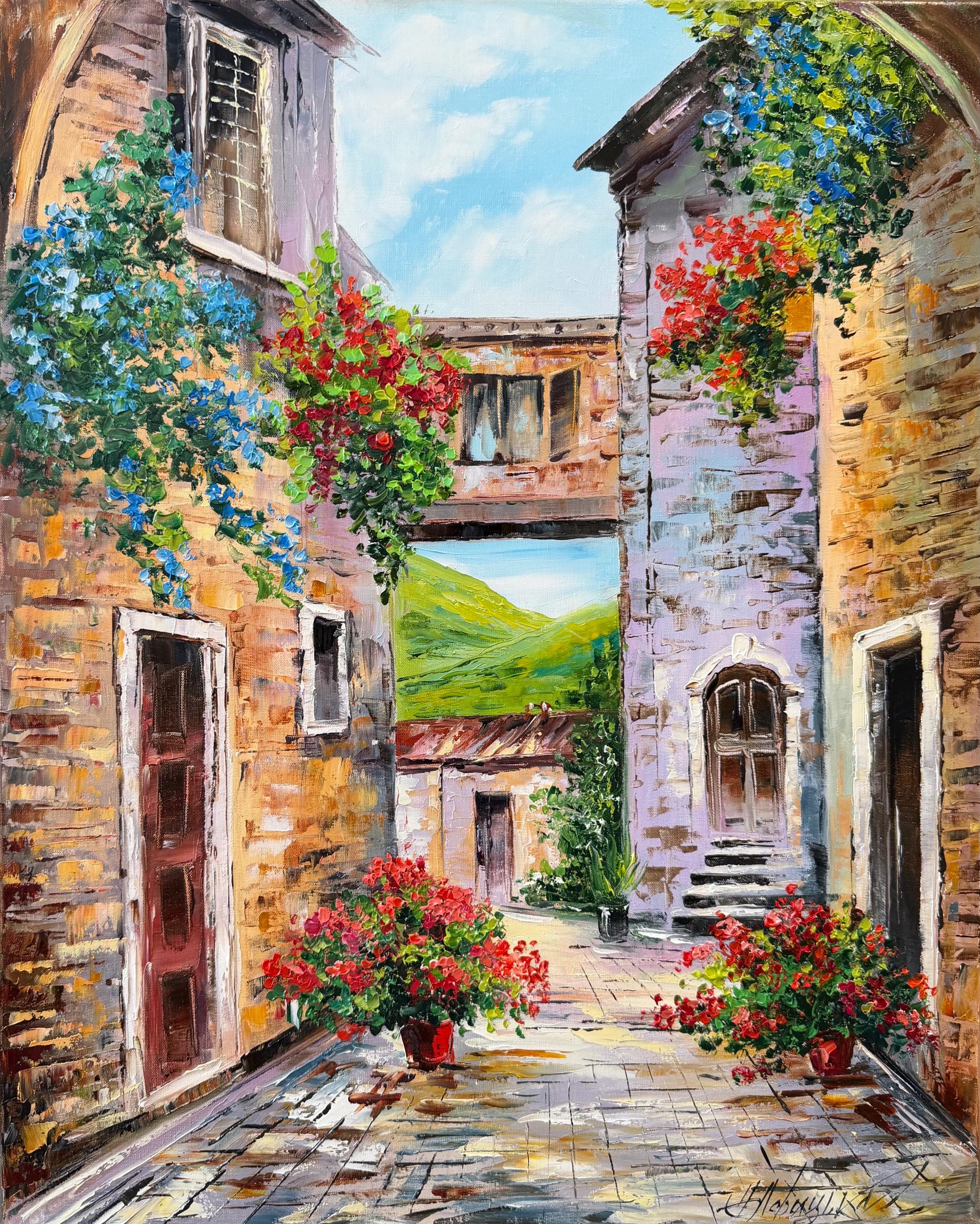 イタリアの村の油絵（キャンバス、フィレンツェ、イタリア） イタリア