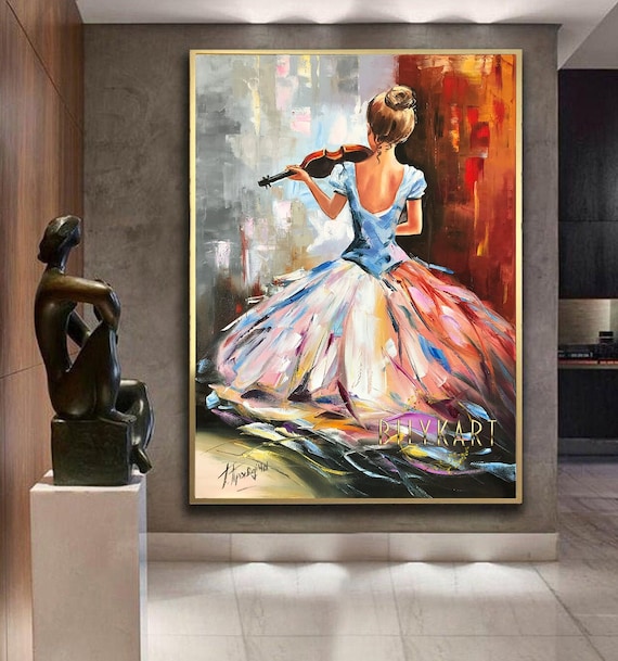 Girl Playing Violin Oil Painting Original: Classical Music Art